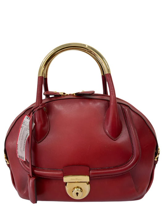 Salvatore Ferragamo Red & Gold Leather 2 Handles Gold Hammered Ring Bowler Bag