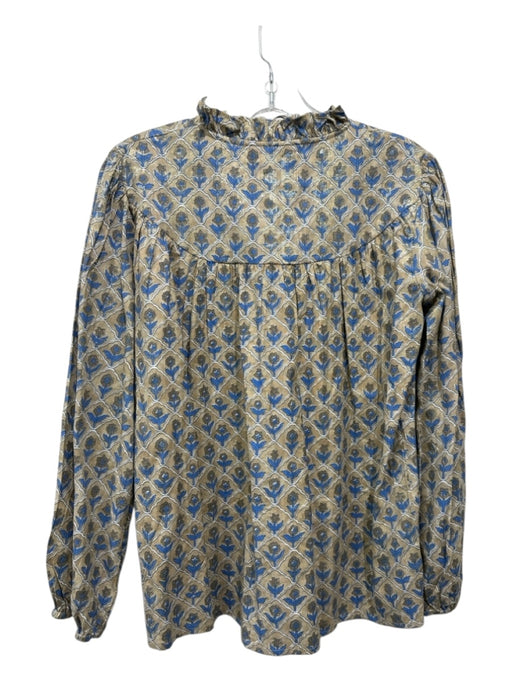 Clara The Label Size Small Beige, Blue & Gold Cotton Long Balloon Sleeve Top Beige, Blue & Gold / Small