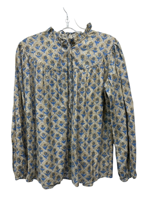 Clara The Label Size Small Beige, Blue & Gold Cotton Long Balloon Sleeve Top Beige, Blue & Gold / Small