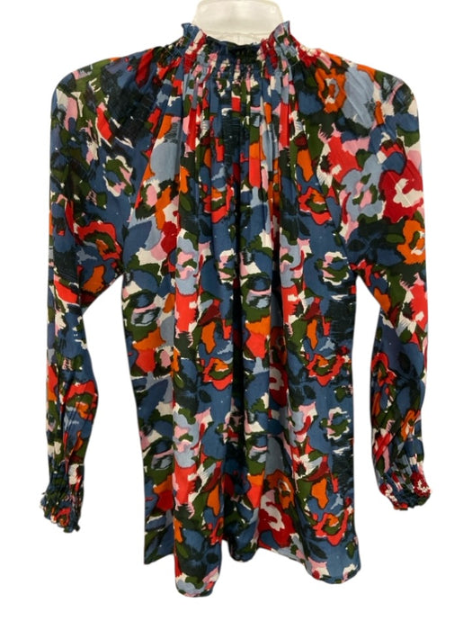 Rungolee Size XS Blue, Red, Multi Silk Long puff sleeve Abstract Print Top Blue, Red, Multi / XS
