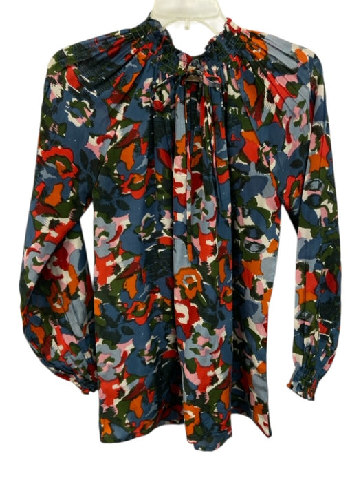 Rungolee Size XS Blue, Red, Multi Silk Long puff sleeve Abstract Print Top Blue, Red, Multi / XS
