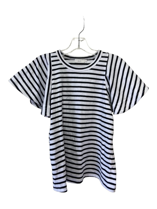 A.L.C. Size XS Black & White Cotton Striped Short Flare Sleeve Round Neck Top Black & White / XS