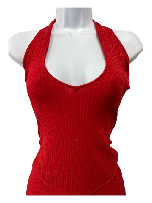 Retrofete Size XS Red Rayon Blend Ribbed Knit Glitter Halter Neck Maxi Dress Red / XS