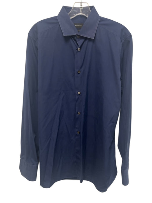 Ermenegildo Zegna AS IS Size 16.5 Navy Blue Cotton Solid Men's Long Sleeve Shirt Navy Blue / 16.5