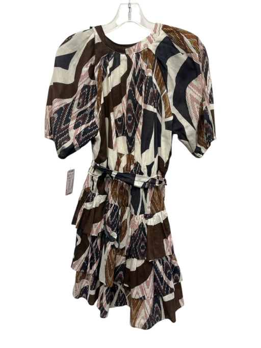 Willa Story Size S White, Brown & Black Cotton Abstract Print V Neck Dress White, Brown & Black / S