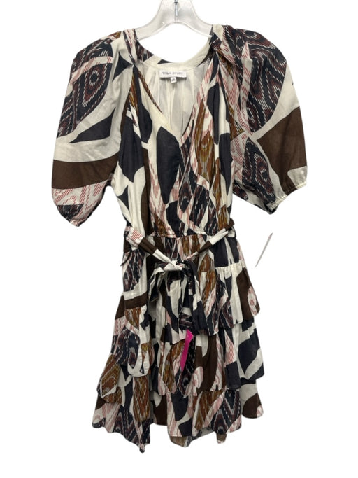 Willa Story Size S White, Brown & Black Cotton Abstract Print V Neck Dress White, Brown & Black / S
