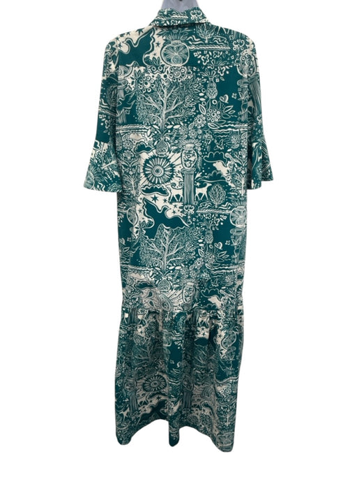 La Double J Size XS Teal Blue & White Cotton 1/2 Sleeve Garden Print Dress Teal Blue & White / XS