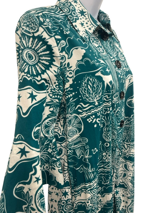 La Double J Size XS Teal Blue & White Cotton 1/2 Sleeve Garden Print Dress Teal Blue & White / XS