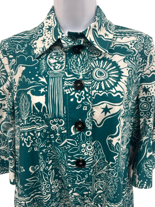 La Double J Size XS Teal Blue & White Cotton 1/2 Sleeve Garden Print Dress Teal Blue & White / XS