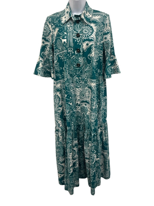 La Double J Size XS Teal Blue & White Cotton 1/2 Sleeve Garden Print Dress Teal Blue & White / XS