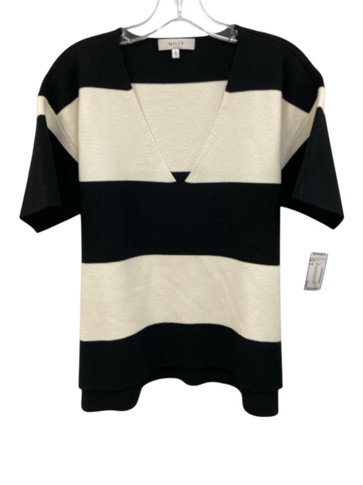 Milly Size S Black & Cream White Viscose Blend Knit Striped Short Sleeve Top Black & Cream White / S