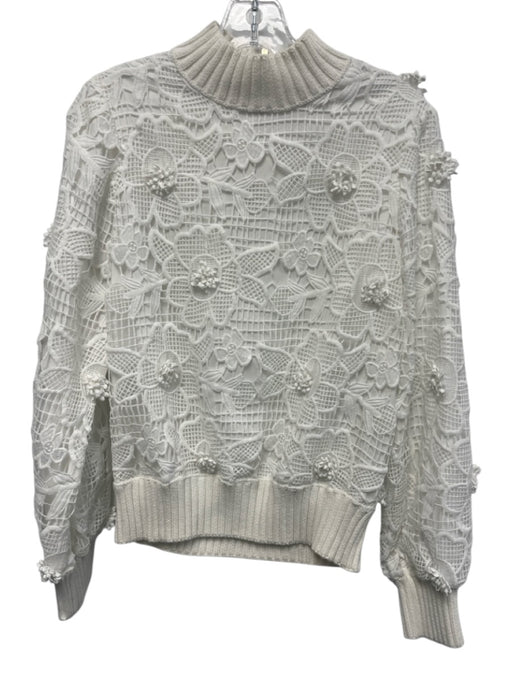 Badgley Mischka Size S White Polyester Floral Lace Overlay Ribbed Hem Sweater White / S