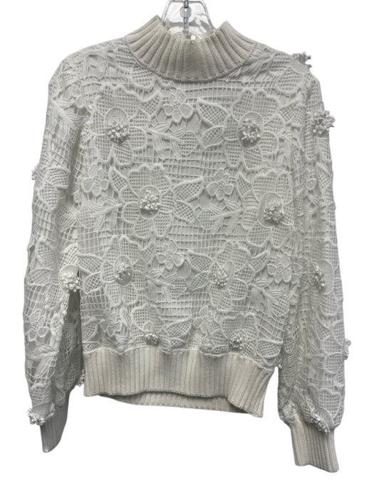Badgley Mischka Size S White Polyester Floral Lace Overlay Ribbed Hem Sweater White / S