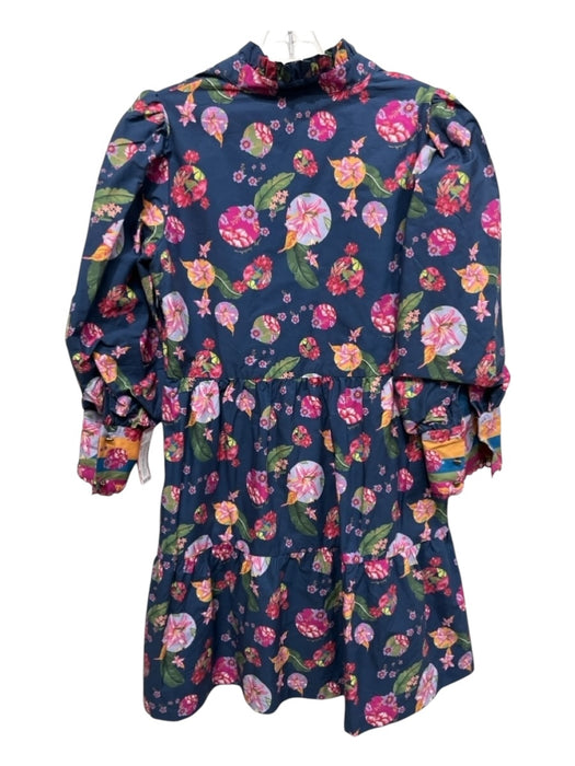 Emily Lovelock Size 2/4 Blue & Pink Print Cotton Floral V Neck Tiered Dress Blue & Pink Print / 2/4