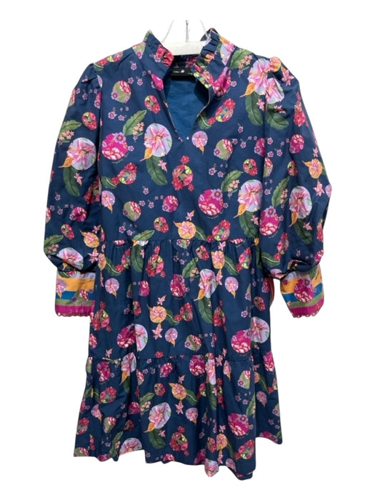 Emily Lovelock Size 2/4 Blue & Pink Print Cotton Floral V Neck Tiered Dress Blue & Pink Print / 2/4