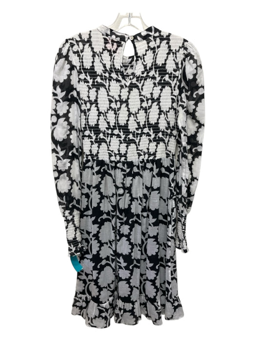 Banjanan Size S Black & White Cotton Smocked Bodice Abstract Floral Midi Dress Black & White / S