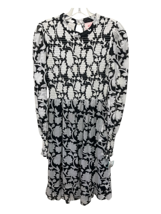 Banjanan Size S Black & White Cotton Smocked Bodice Abstract Floral Midi Dress Black & White / S
