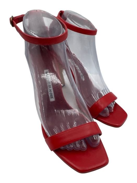 Manolo Blahnik Shoe Size 37.5 Red Leather Upper Ankle Buckle Chisel Toe Sandals Red / 37.5