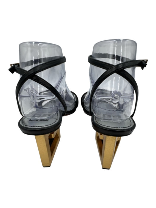 Givenchy Shoe Size 37.5 Black & Gold Leather Upper Metal Heel Ankle Wrap Sandals Black & Gold / 37.5