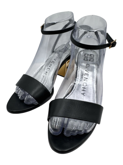 Givenchy Shoe Size 37.5 Black & Gold Leather Upper Metal Heel Ankle Wrap Sandals Black & Gold / 37.5