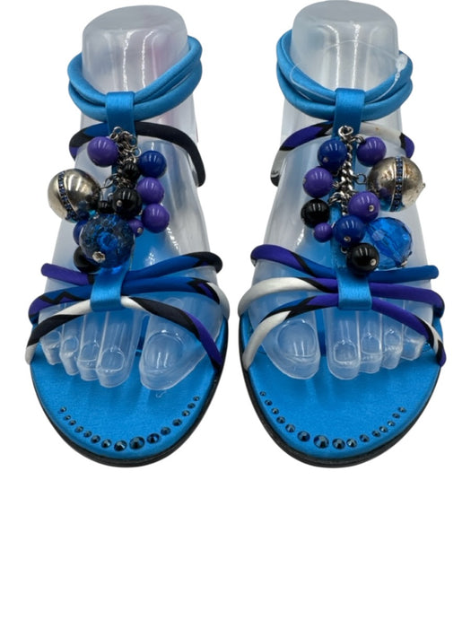 Emilio Pucci Shoe Size 37 Blue, Purple & Black Satin Upper Bead Charm Sandals Blue, Purple & Black / 37