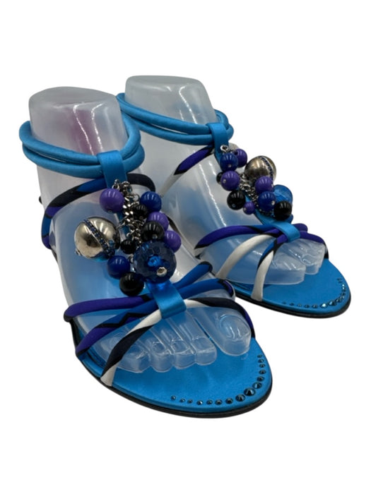 Emilio Pucci Shoe Size 37 Blue, Purple & Black Satin Upper Bead Charm Sandals Blue, Purple & Black / 37