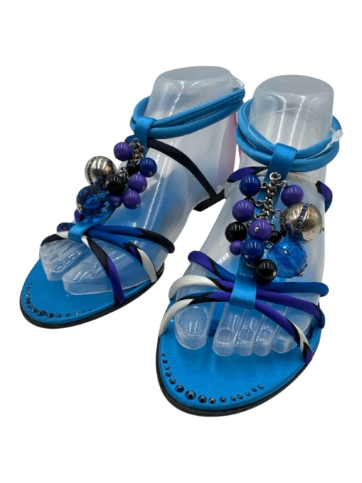 Emilio Pucci Shoe Size 37 Blue, Purple & Black Satin Upper Bead Charm Sandals Blue, Purple & Black / 37