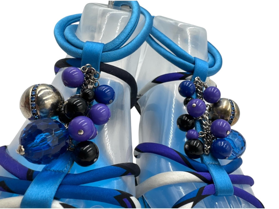 Emilio Pucci Shoe Size 37 Blue, Purple & Black Satin Upper Bead Charm Sandals Blue, Purple & Black / 37