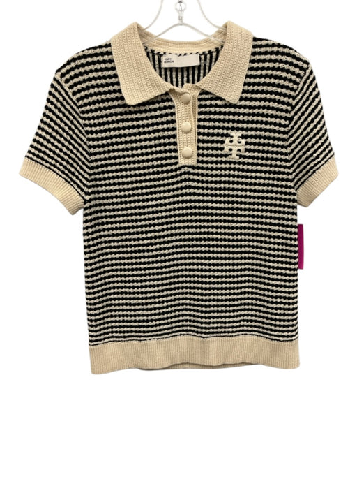 Tory Burch Size S Cream & White Cotton Blend Knit Striped Short Sleeve Polo Top Cream & White / S