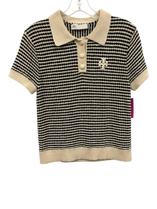 Tory Burch Size S Cream & White Cotton Blend Knit Striped Short Sleeve Polo Top Cream & White / S