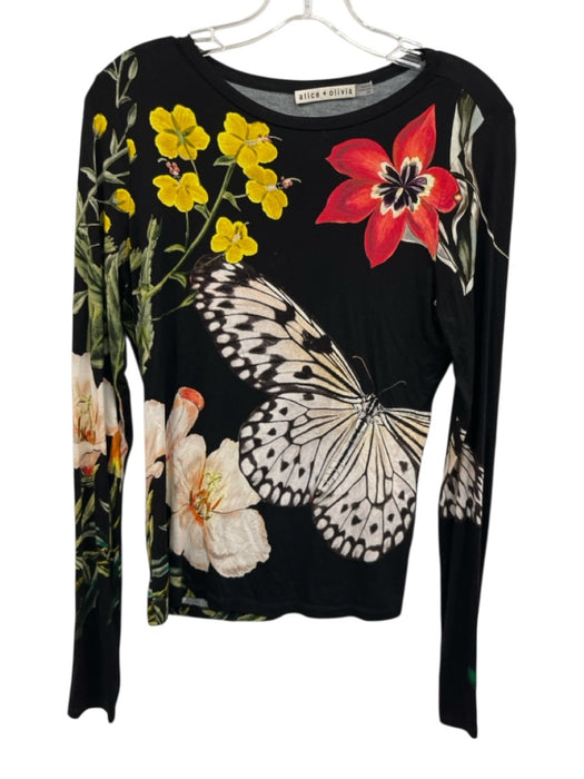 Alice + Olivia Size M Black & Multi Viscose Blend Long Sleeve Floral Top Black & Multi / M