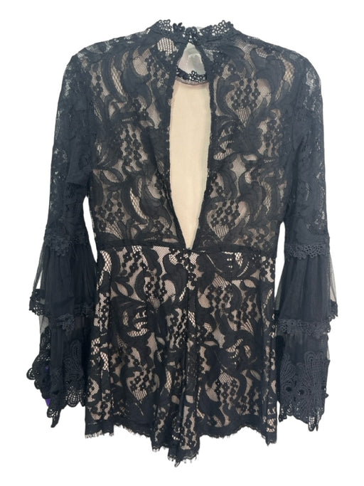 Vestique Size Small Black & Nude Polyester Lace Long Bell Sleeve Romper Black & Nude / Small