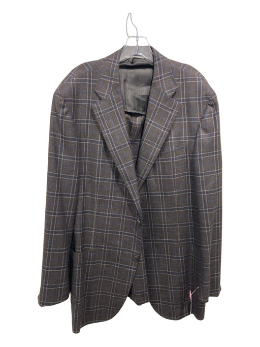 Canali Brown & Blue Wool Blend Plaid Patch Pocket 2 Button Men's Blazer 58