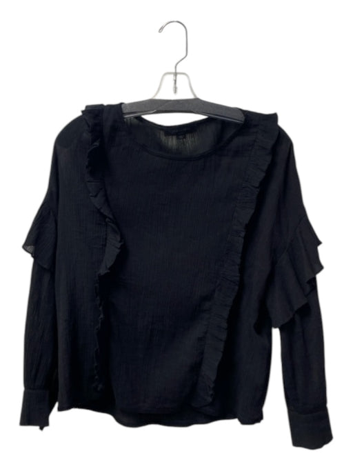 ALLSAINTS Size Small Black Cotton Crinkle Round Neck Ruffles Sheer Blouse Black / Small