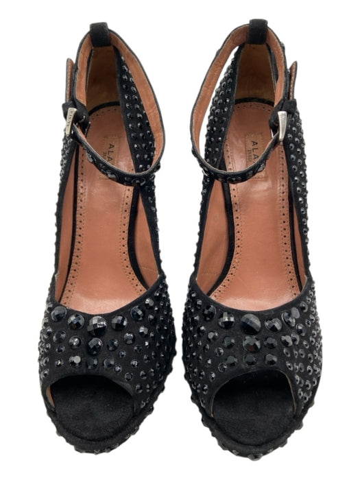 Alaia Shoe Size 38.5 Black Suede All Over Rhinestone Peep Toe Ankle Strap Pumps Black / 38.5