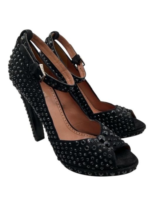 Alaia Shoe Size 38.5 Black Suede All Over Rhinestone Peep Toe Ankle Strap Pumps Black / 38.5
