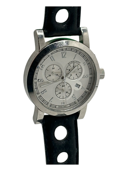 Burberry Silver & Black Leather & Acetate Silver Hardware Chronograph Watchband Silver & Black