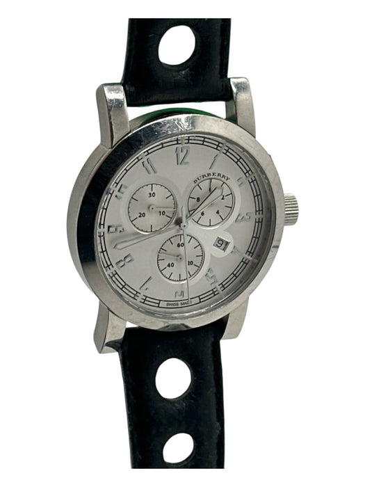 Burberry Silver & Black Leather & Acetate Silver Hardware Chronograph Watchband Silver & Black