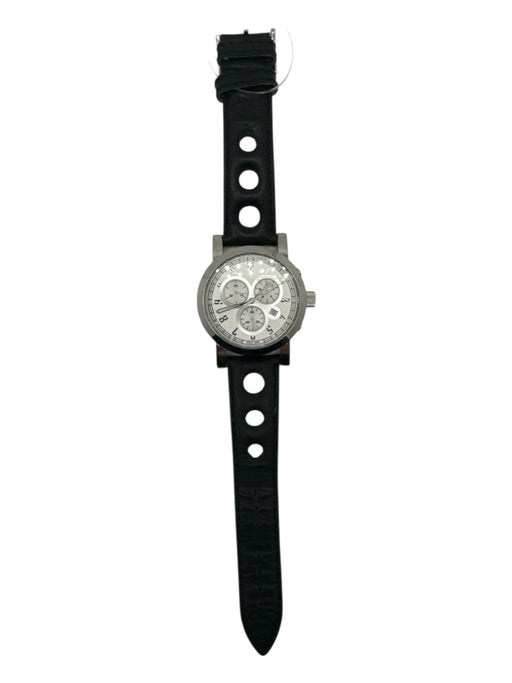 Burberry Silver & Black Leather & Acetate Silver Hardware Chronograph Watchband Silver & Black