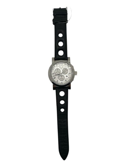 Burberry Silver & Black Leather & Acetate Silver Hardware Chronograph Watchband Silver & Black