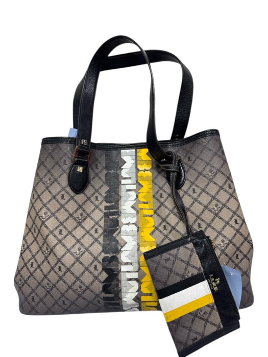 L.A.M.B. Taupe, Yellow, Black Coated Canvas Leather trim Chain Print Tote Bag Taupe, Yellow, Black / Medium