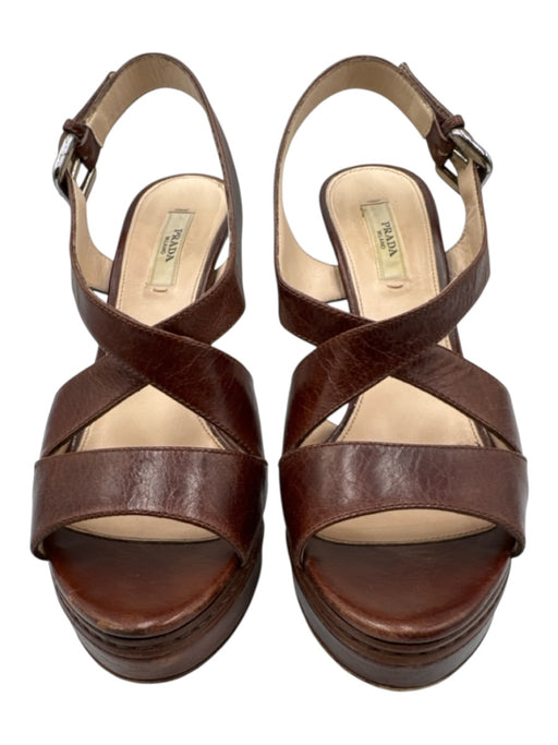 Prada Shoe Size 37.5 Brown Leather open toe Strappy Platform Slingback Pumps Brown / 37.5