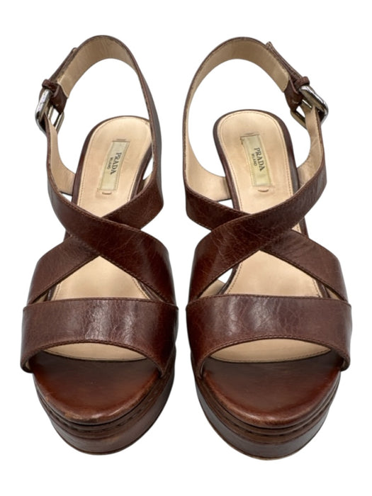 Prada Shoe Size 37.5 Brown Leather open toe Strappy Platform Slingback Pumps Brown / 37.5