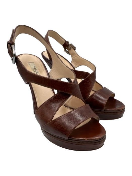 Prada Shoe Size 37.5 Brown Leather open toe Strappy Platform Slingback Pumps Brown / 37.5