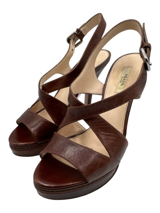 Prada Shoe Size 37.5 Brown Leather open toe Strappy Platform Slingback Pumps Brown / 37.5