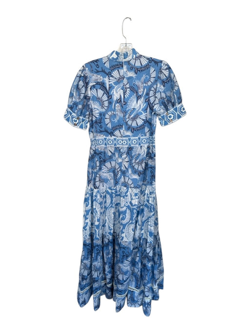 CK Bradley Size S Blue & White Cotton Birds Short Puff Sleeve Gold Buttons Dress Blue & White / S