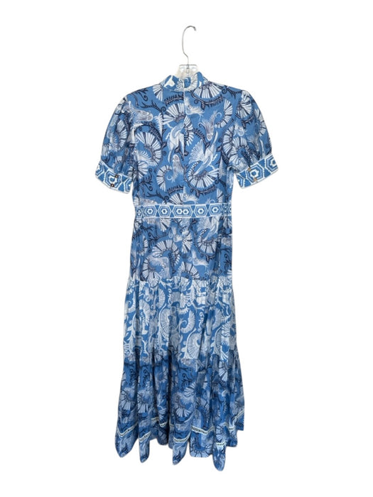 CK Bradley Size S Blue & White Cotton Birds Short Puff Sleeve Gold Buttons Dress Blue & White / S