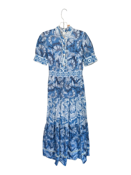 CK Bradley Size S Blue & White Cotton Birds Short Puff Sleeve Gold Buttons Dress Blue & White / S