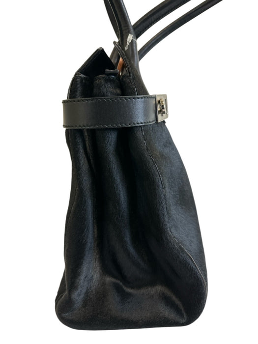 Salvatore Ferragamo Black Leather Pony Hair Double Buckle Top Handle Bag Black / Medium