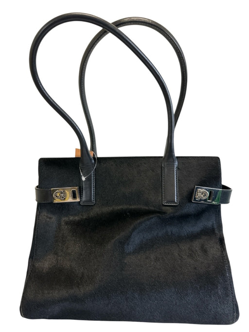 Salvatore Ferragamo Black Leather Pony Hair Double Buckle Top Handle Bag Black / Medium